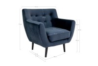Fauteuil design scandinave en tissu bleu de nuit avec pieds en bois naturel