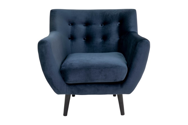 Fauteuil design scandinave en tissu bleu de nuit avec pieds en bois naturel