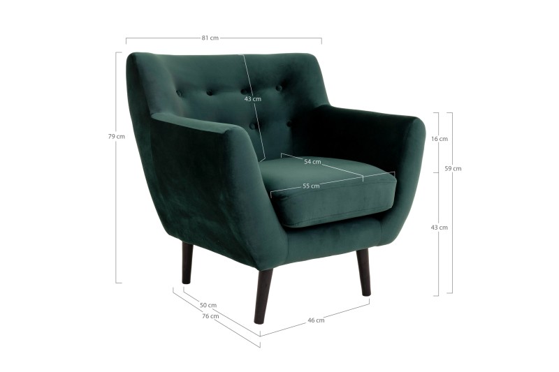 Fauteuil design scandinave en tissu vert avec pieds en bois naturel