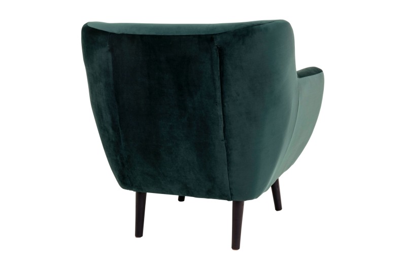 Fauteuil design scandinave en tissu vert avec pieds en bois naturel