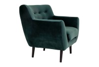 Fauteuil design scandinave en tissu vert avec pieds en bois naturel
