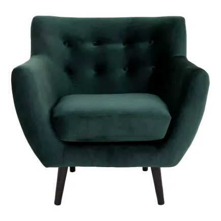Fauteuil design scandinave en tissu vert avec pieds en bois naturel 2