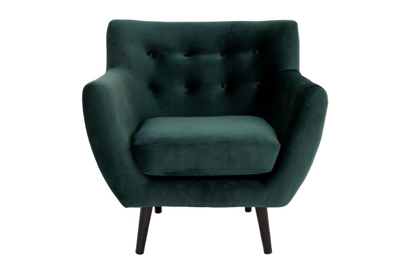 Fauteuil design scandinave en tissu vert avec pieds en bois naturel