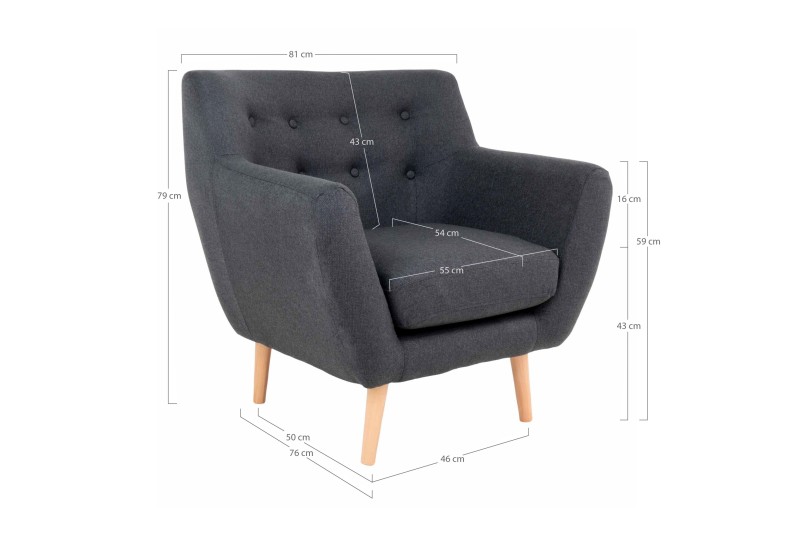 Fauteuil design scandinave en tissu gris foncé avec pieds en bois naturel