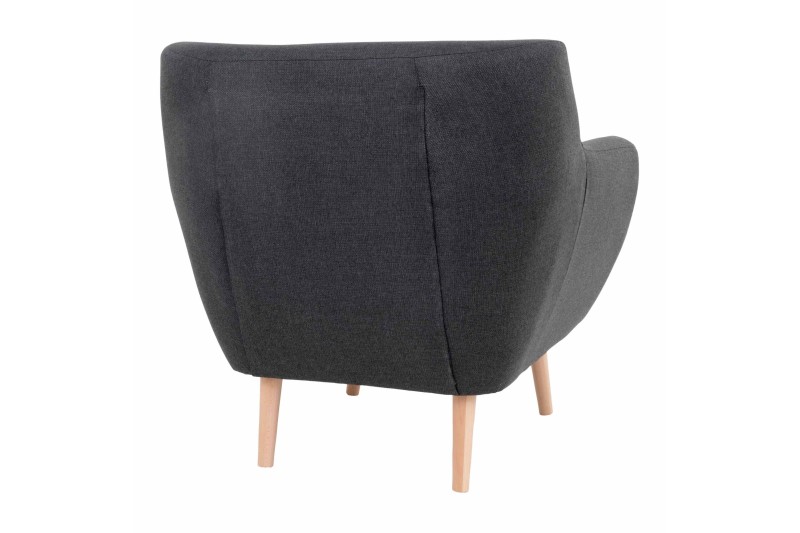 Fauteuil design scandinave en tissu gris foncé avec pieds en bois naturel