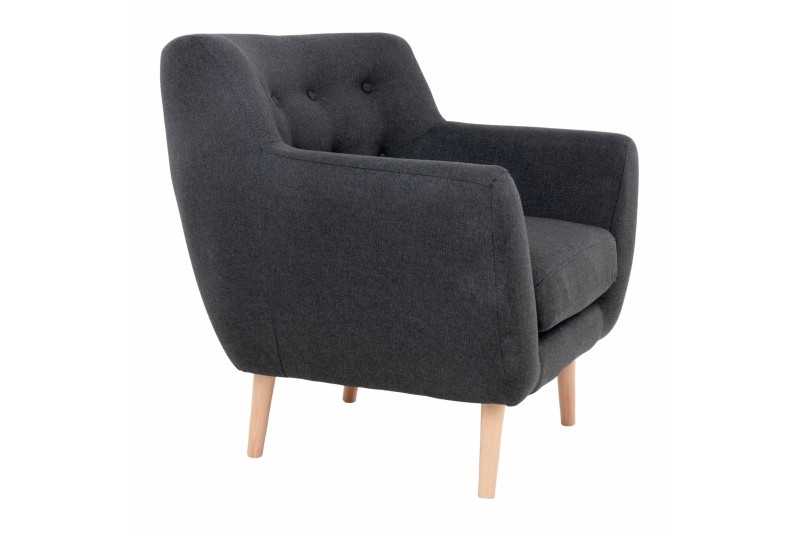 Fauteuil design scandinave en tissu gris foncé avec pieds en bois naturel