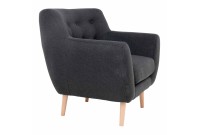 Fauteuil design scandinave en tissu gris foncé avec pieds en bois naturel