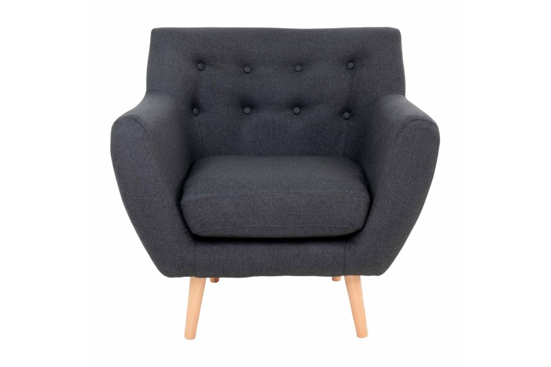 Fauteuil design scandinave en tissu gris foncé avec pieds en bois naturel