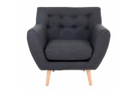 Fauteuil design scandinave en tissu gris foncé avec pieds en bois naturel