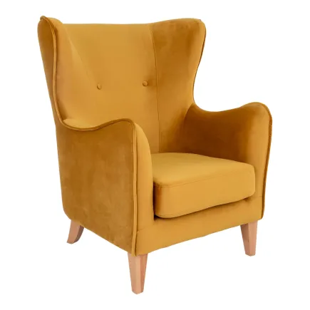 Fauteuil Compo au design classique revetement tissu couleur moutarde, pietement en bois hêtre