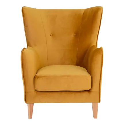 Fauteuil Compo au design classique revetement tissu couleur moutarde, pietement en bois hêtre 2