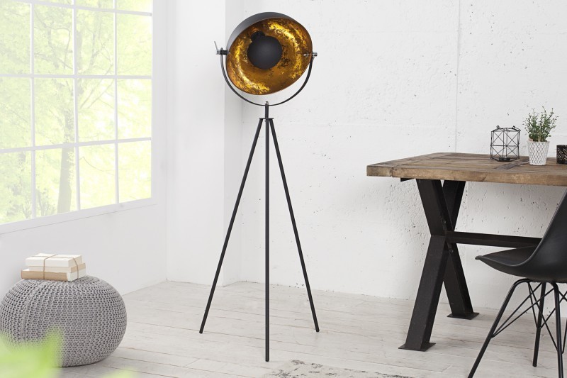Lampadaire trépied design en acier inoxydable et en aluminium coloris noir et or