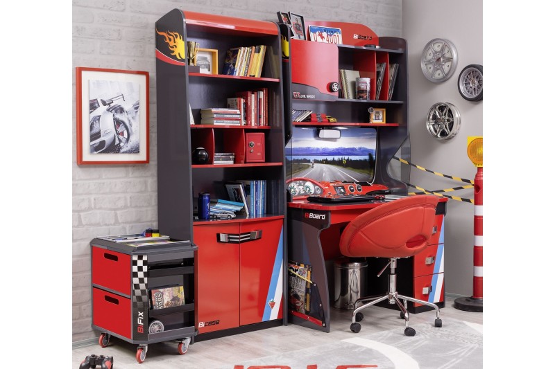 Bibliothèque moderne pour chambre enfant coloris rouge et noir