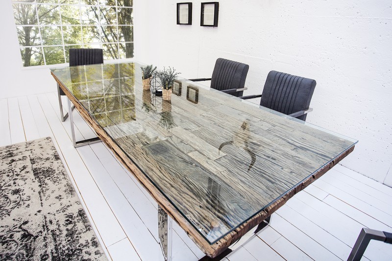 Table à manger rectangulaire 200cm en bois massif avec plaque de verre