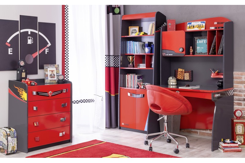 Bibliothèque moderne pour chambre enfant coloris rouge et noir