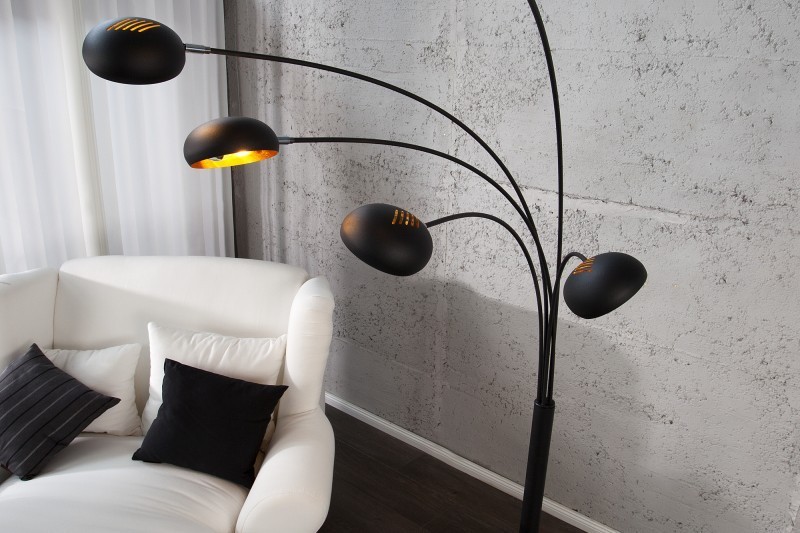 Lampadaire sur pied design arc 5 boules en métal teinté noir et doré