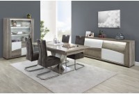 Table à manger rectangulaire extensible coloris chêne et blanc avec pied central