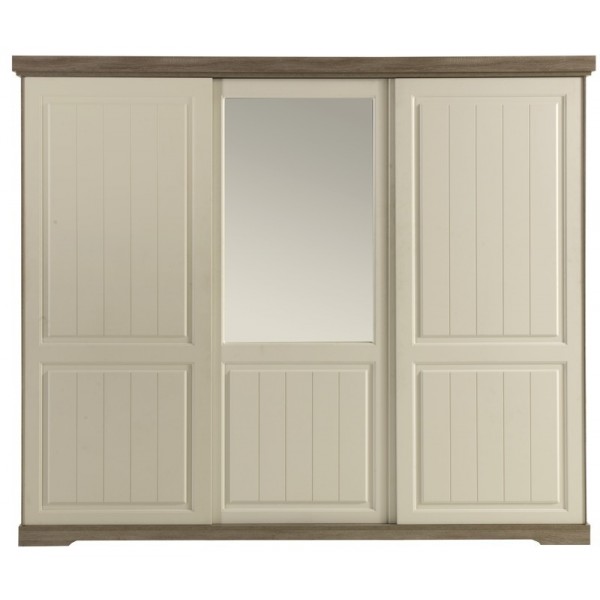 Armoire design rustique de couleur blanche et beige à 3 portes coulissantes avec miroir