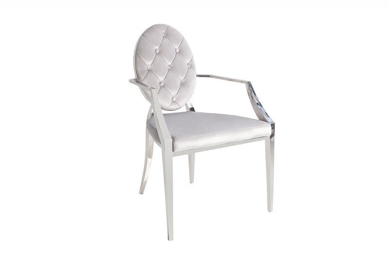 chaise design baroque de salle à manger en velours coloris gris avec accoudoirs