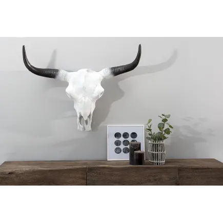 Trophée mural design crâne de taureau coloris blanc et noir de 70 cm