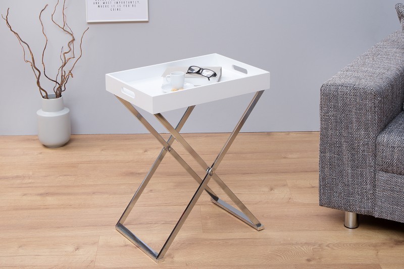 Table d'appoint moderne coloris blanc et chromé avec plateau amovible