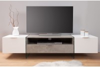 Meuble tv moderne coloris blanc et gris en mdf et verre trempé