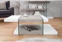 Table basse design de 110cm coloris blanc, gris et transparent en mdf et verre trempé