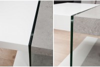 Table basse design de 110cm coloris blanc, gris et transparent en mdf et verre trempé