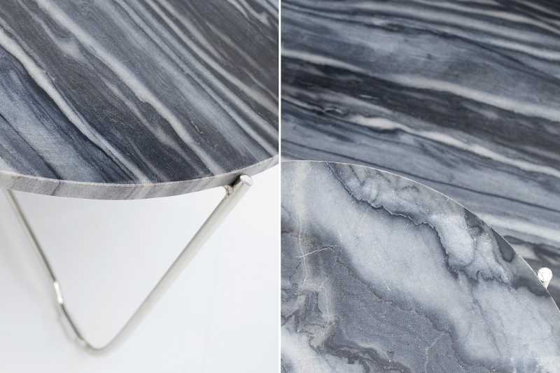 Table basse design en marbre coloris gris avec piétement en métal argenté