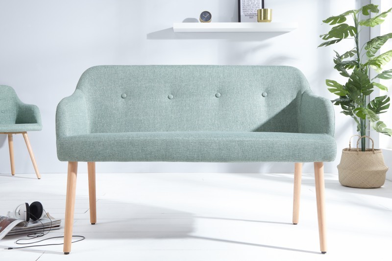 Banc design scandinave coloris citron vert en tissu avec pieds en bois massif