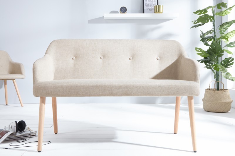 Banc design scandinave en tissu avec pieds en bois massif