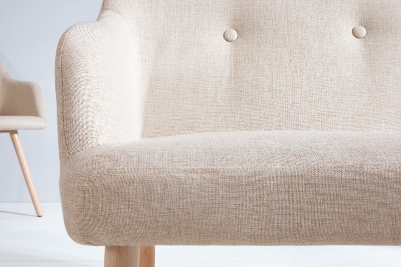 Banc design scandinave en tissu avec pieds en bois massif