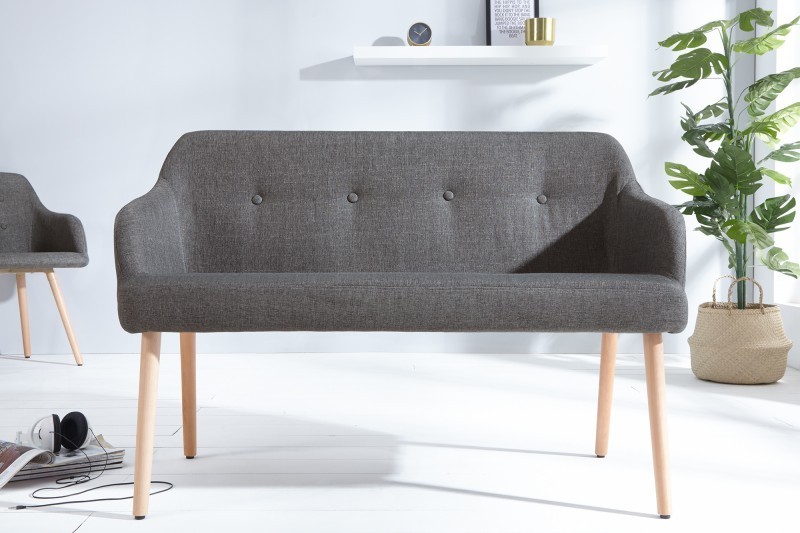 Banc design scandinave coloris gris foncé en tissu avec pieds en bois massif