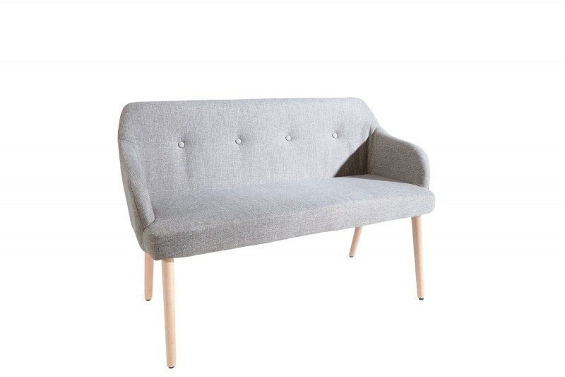 Banc design scandinave coloris gris claire en tissu avec pieds en bois massif