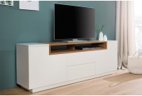 Meuble tv design à 4 portes, 2 tiroirs et 2 niches coloris blanc et naturel