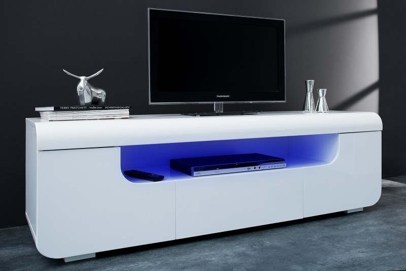 Meuble tv design coloris blanc laqué avec rangement et système LED