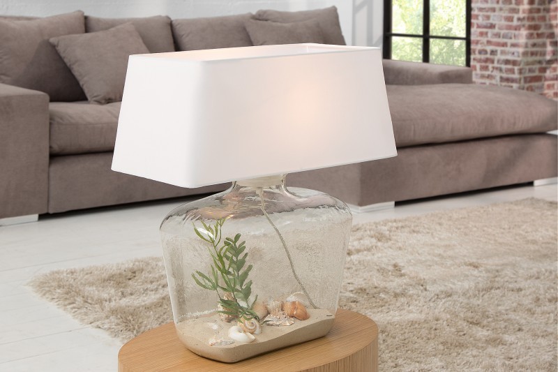 Lampe à poser design en verre transparent avec abat-jour en tissu coloris blanc