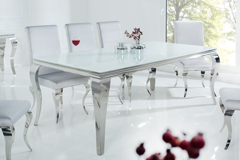 Table à manger design baroque de 200cm coloris blanc argenté en verre trempé et acier inoxydable