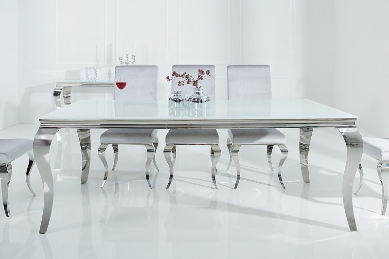 Table à manger design baroque de 200cm coloris blanc argenté en verre trempé et acier inoxydable