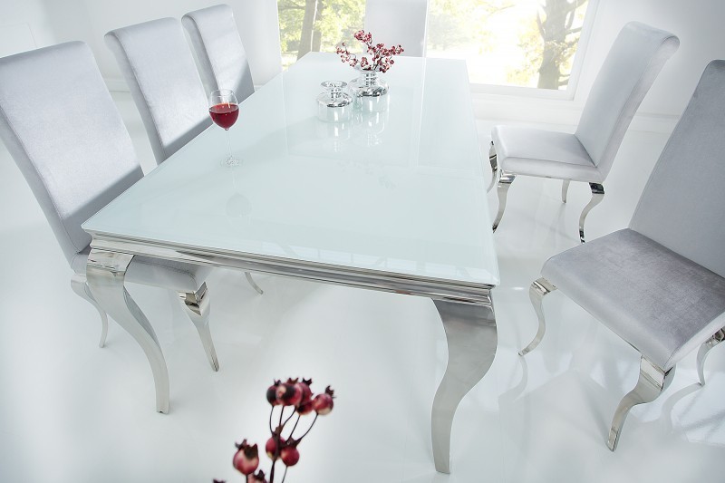 Table à manger design baroque de 200cm coloris blanc argenté en verre trempé et acier inoxydable