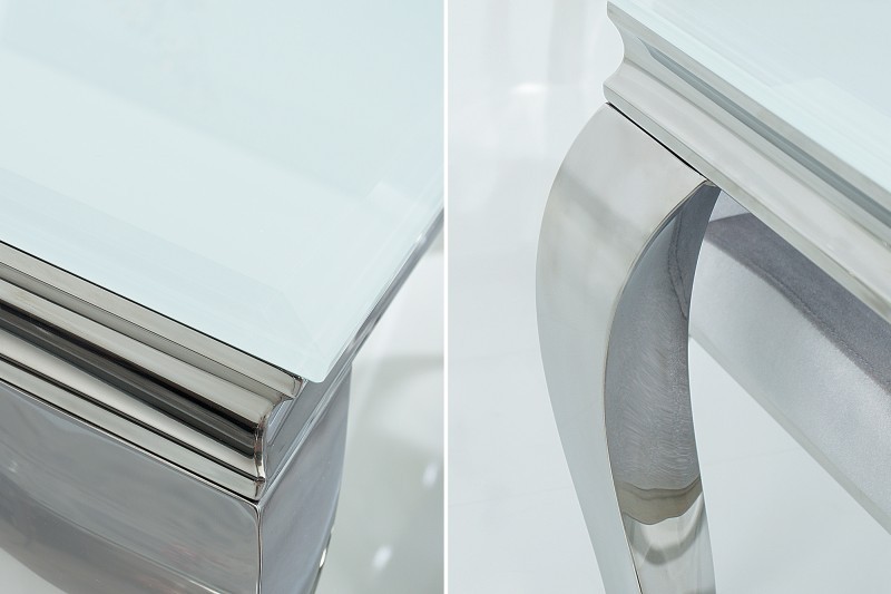 Table à manger design baroque de 200cm coloris blanc argenté en verre trempé et acier inoxydable
