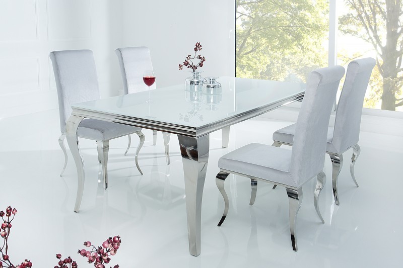 Table à manger design baroque de 180cm coloris blanc argenté en verre trempé et acier inoxydable