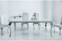 Table à manger design baroque de 180cm coloris blanc argenté en verre trempé et acier inoxydable