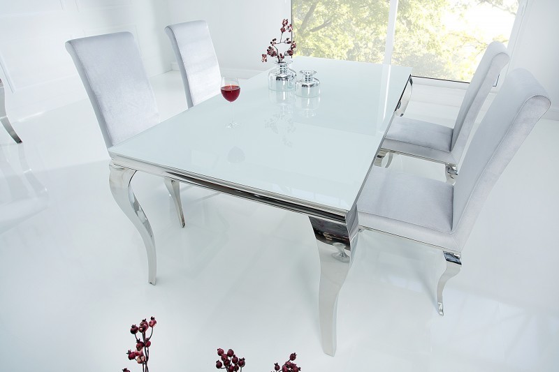 Table à manger design baroque de 180cm coloris blanc argenté en verre trempé et acier inoxydable