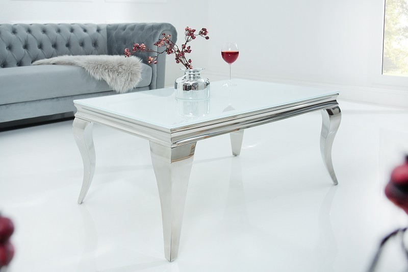 Table basse design baroque de 100cm coloris blanc argenté en verre trempé et acier inoxydable