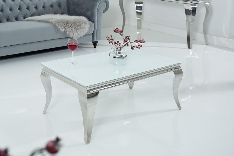 Table basse design baroque de 100cm coloris blanc argenté en verre trempé et acier inoxydable