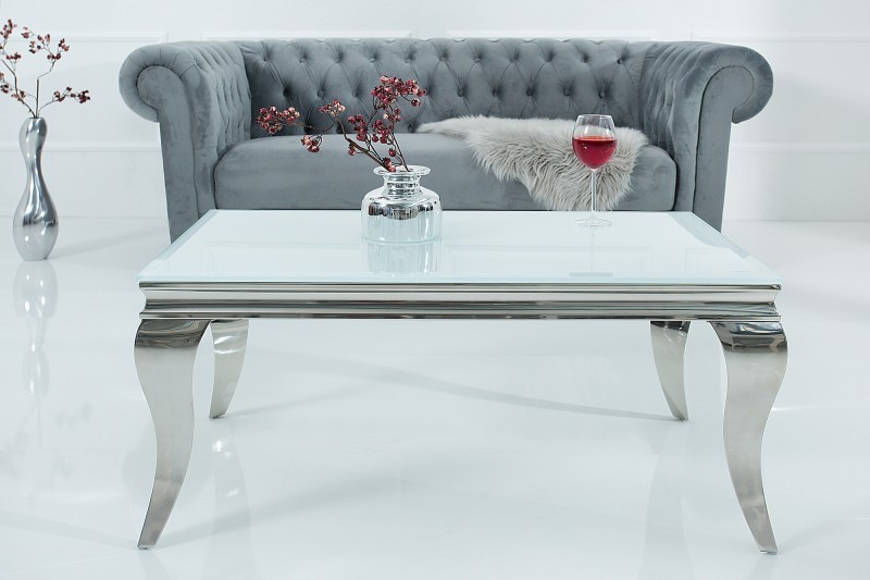 Table basse design baroque de 100cm coloris blanc argenté en verre trempé et acier inoxydable