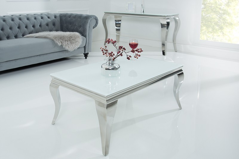 Table basse design baroque de 100cm coloris blanc argenté en verre trempé et acier inoxydable