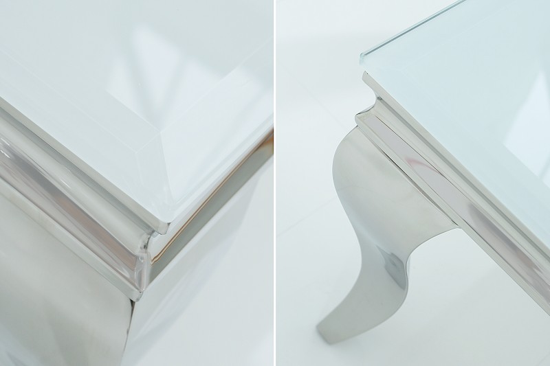 Table basse design baroque de 100cm coloris blanc argenté en verre trempé et acier inoxydable