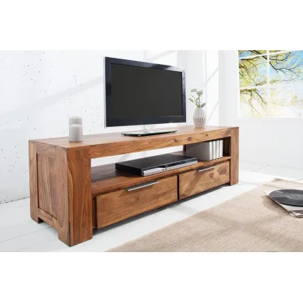 Meuble TV en Bois Massif Sheesham 135 cm — 2 Tiroirs & Niche, Coloris Naturel